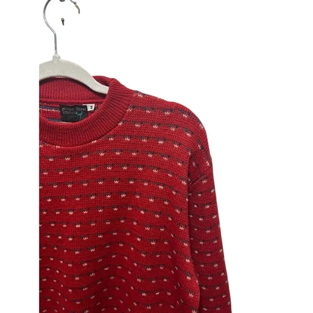 Vintage James River Traders 100% Wool Sweater Red w Blue and White Mens Medium